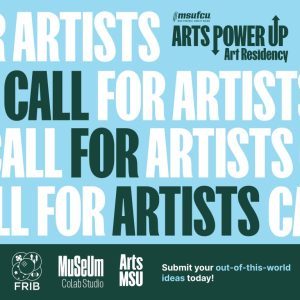 graphic for the Arts Power Up Art Residency that has repeating words that say Call for Artists.