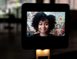 Closeup of CoLaborator on the screen of telepresence robot.