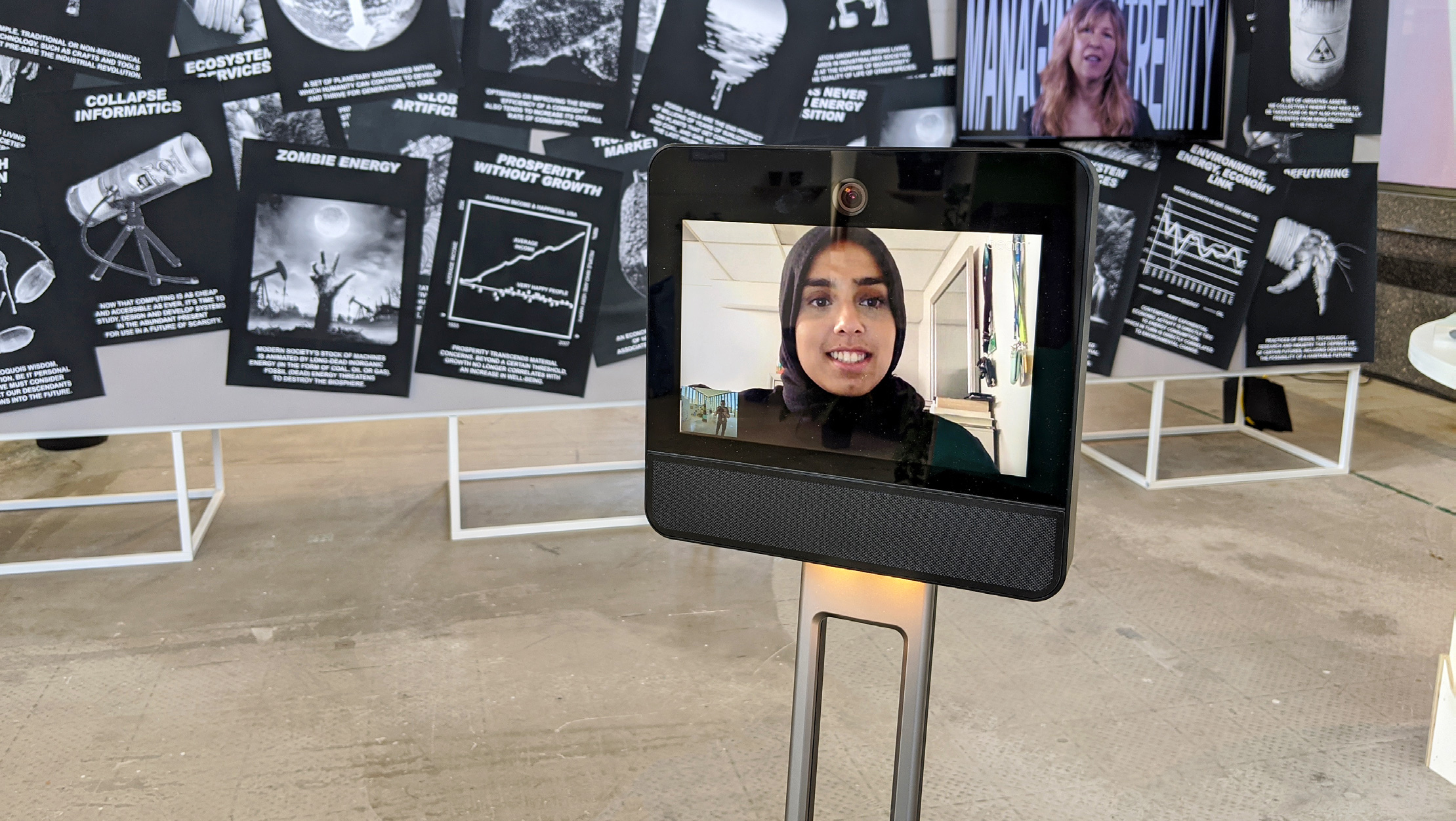 CoLaborator on the screen of a telepresence robot in Future Present exhibition.