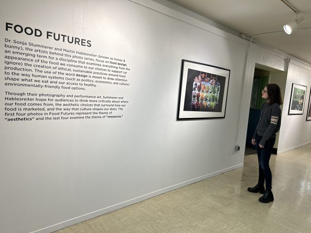 A college aged visitor looking at the "Food Futures" exhibition at the MSU Museum