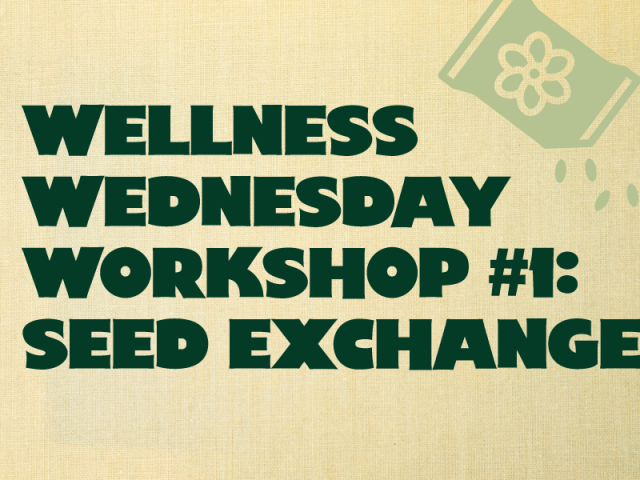 light brown graphic with light green seeds with text that reads "Wellness Wednesday Workshop #1: Seed Exchange"