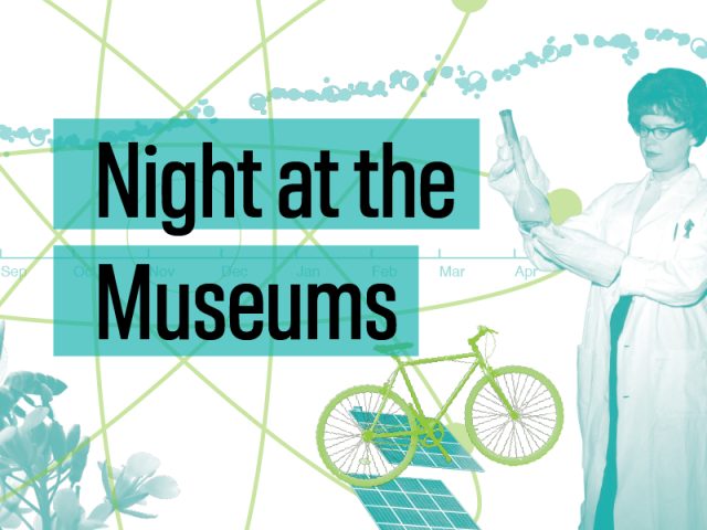 A graphic with a white background and various science related icons floating behind text that read "Night at the Museums"