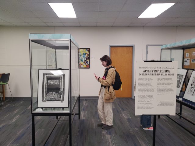 An MSU student stands in front of a glass case holding one of the South African prints from MSU Museum's collections.