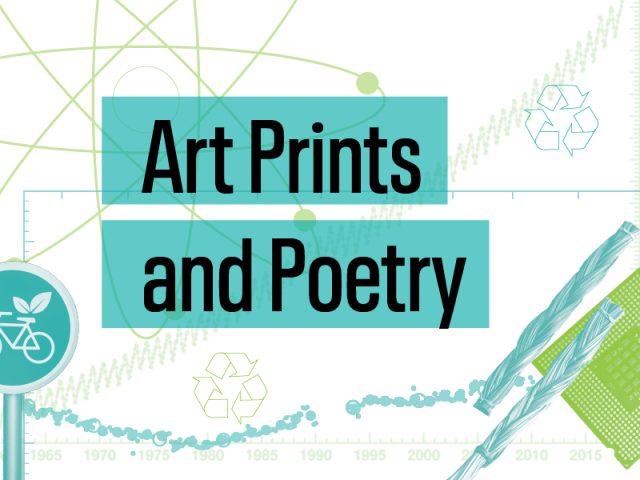 A graphic with a white background and various science related icons floating behind text that read "Art Prints and Poetry"
