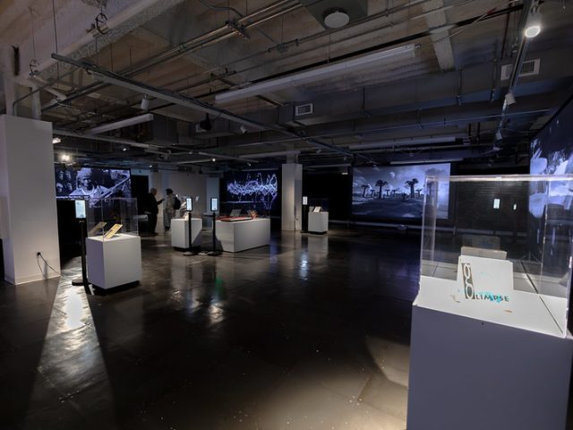 A dimly lit exhibition space featuring displays and interactive elements related to Techno: The Rise of Detroit’s Machine Music. Glass cases with artifacts, digital information kiosks, and large projection screens showcasing black-and-white visuals of musicians, sound waves, and urban landscapes fill the room. A display case in the foreground contains a small object labeled 