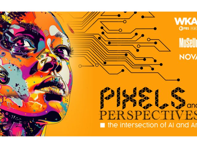 Orange graphic with a colorful woman's head incorporating a circuitboard motif with text that reads "Pixels and Perspectives: the intersection of AI and Art".