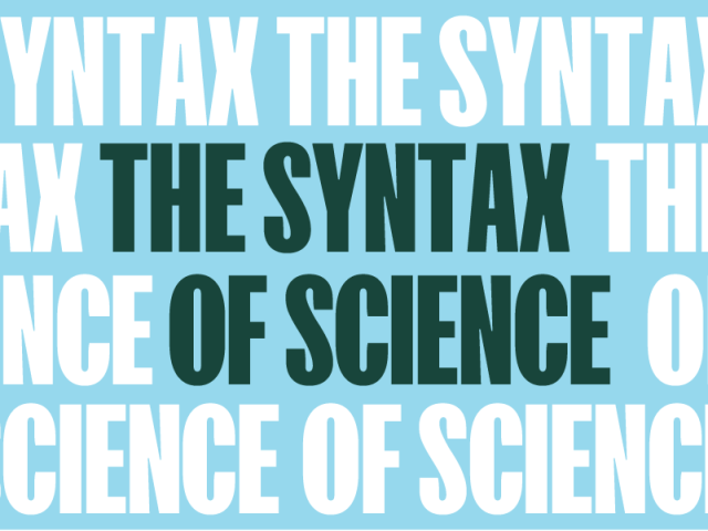 Blue, white, and green graphic with bold text that reads "The Syntax of Science"