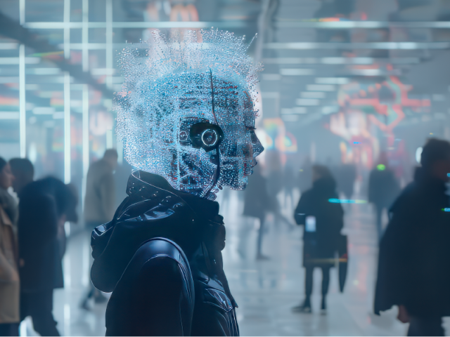 A futuristic scene featuring an android with a blue, digital matrix for a head and wearing headphones and a dark coat while they wait on a crowded platform. AI-generated image.