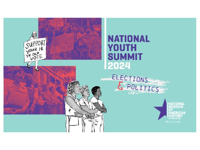 A graphic with a light blue-green background and illustrations and photographs of young people. Some of the people are holding signs related to voting. The text reads "National Youth Summit 2024 | Elections & Poitics"