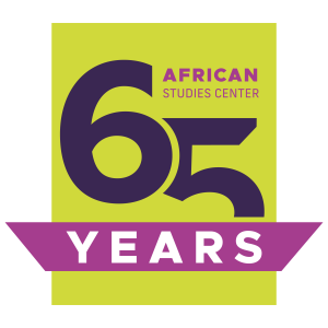 A square logo with a lime green background featuring the text "65 YEARS" in bold purple and white. Above the "65," it says "African Studies Center" in smaller purple text. A magenta banner beneath the "65" contains the word "YEARS" in white, completing the celebratory design for the 65th anniversary of the African Studies Center.