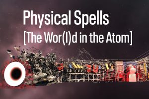 Screenshot from Unity video software showing the timeline of the Sephor interactive experience as a long visual of lungs, ears, and other objects on a cloudy background. Text on image reads "Physcial Spells [The Wor(l)d in the Atom]"