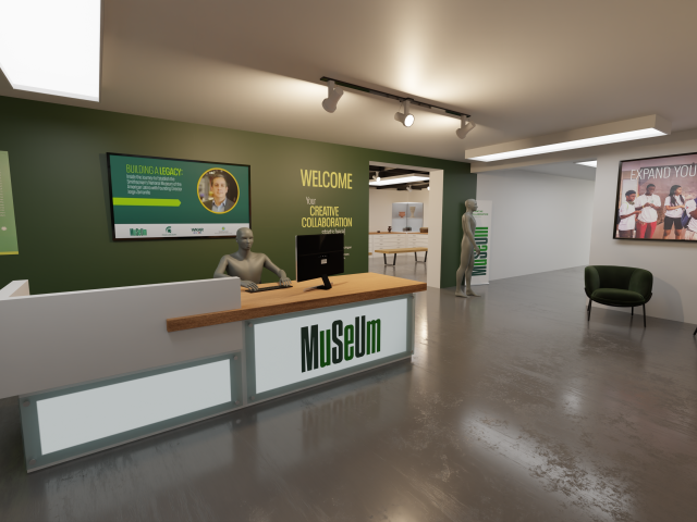 Interior view of a modern museum lobby with a sleek reception desk labeled "MuSeUm" and a mannequin seated behind a computer. The back wall features green paint with signage reading “WELCOME Your Creative Collaboration starts here!” and a screen displaying a program titled “BUILDING A LEGACY.” To the right, there is a large poster of diverse students with the phrase “EXPAND YOUR HORIZONS,” two green armchairs, and another mannequin standing near a wall with vertical "MuSeUm" branding. The space has polished concrete floors and minimalist lighting.