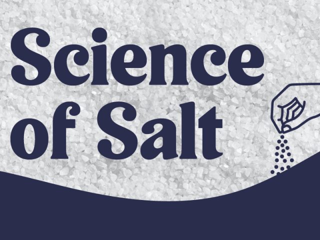 Navy text over a photo of salt reads "Science of Salt" with an illustration of a hand sprinkling salt grains on the right.