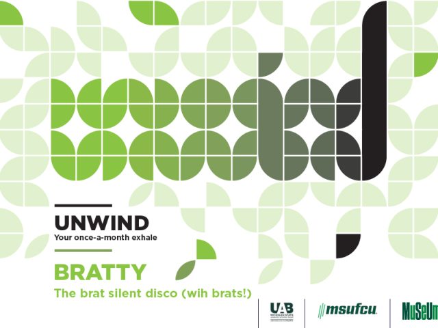 Block image On a white background, quarter circle shapes in shades of lime green with scattered black highlights spell 