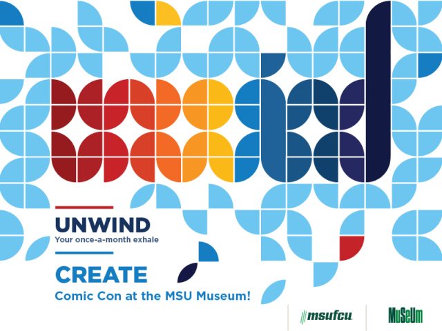 Block image On a white background, quarter circle shapes in shades of blue with scattered orange and yellow highlights spell 