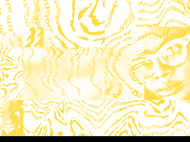 Abstract collage featuring a halftone portrait of a woman wearing white-framed glasses, overlaid with swirling yellow and black patterns and distorted handwritten or cursive text fragments. The design uses layered textures and high-contrast graphic elements, creating a visually dynamic composition. No clear event or branding text is visible in this image.