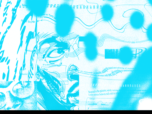 Abstract digital collage in cyan and white featuring fragmented facial illustrations, musical notations, sound wave diagrams, and blurred blue shapes overlaying the composition. Elements of text are partially visible throughout, including phrases like “Respond to the guitarist” and “in a daze.” The image combines graphic, musical, and anatomical motifs in a layered, surreal style.