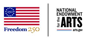 Graphic featuring a stylized American flag with a circle of stars and “250” in the canton, alongside the words “Freedom 250.” A vertical line separates it from the “National Endowment for the Arts” logo with “arts.gov” beneath.