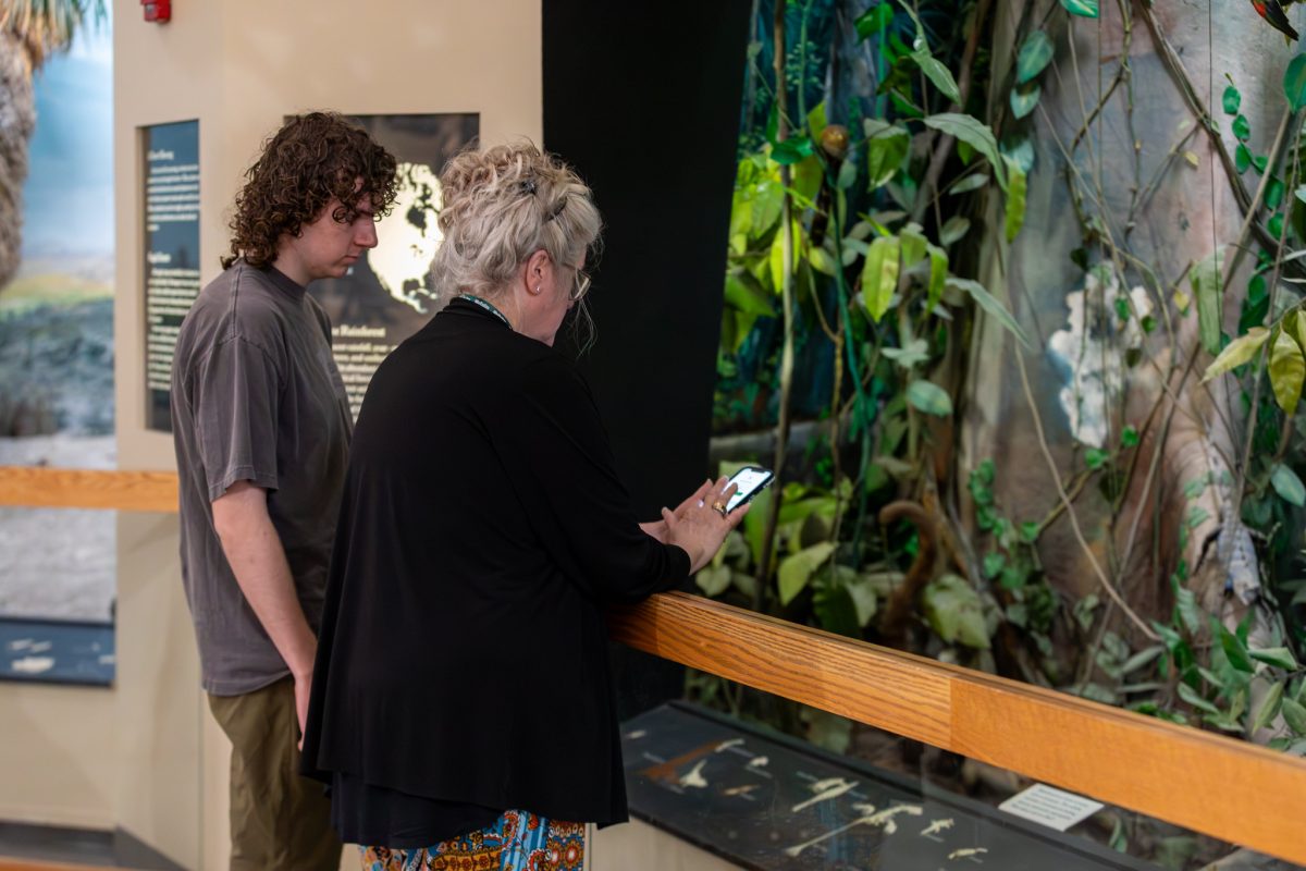 Two visitors test out the "Access Audio" app and RFID technology, the older visitor closest to the viewer holding up a cell phone while standing in front of a railing by the Rainforest Biome diorama.