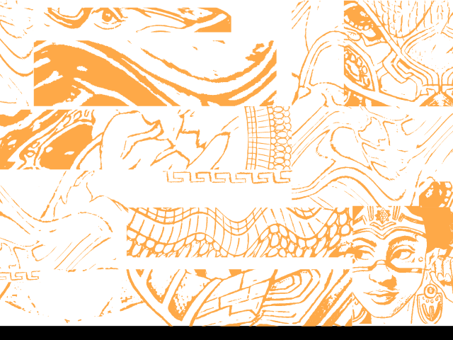 Abstract graphic background in orange and white featuring fragmented, horizontal bands of comic-style line art. Illustrations include stylized faces, flowing shapes, decorative patterns, and a figure wearing glasses with an earring, partially obscured by layered blocks.