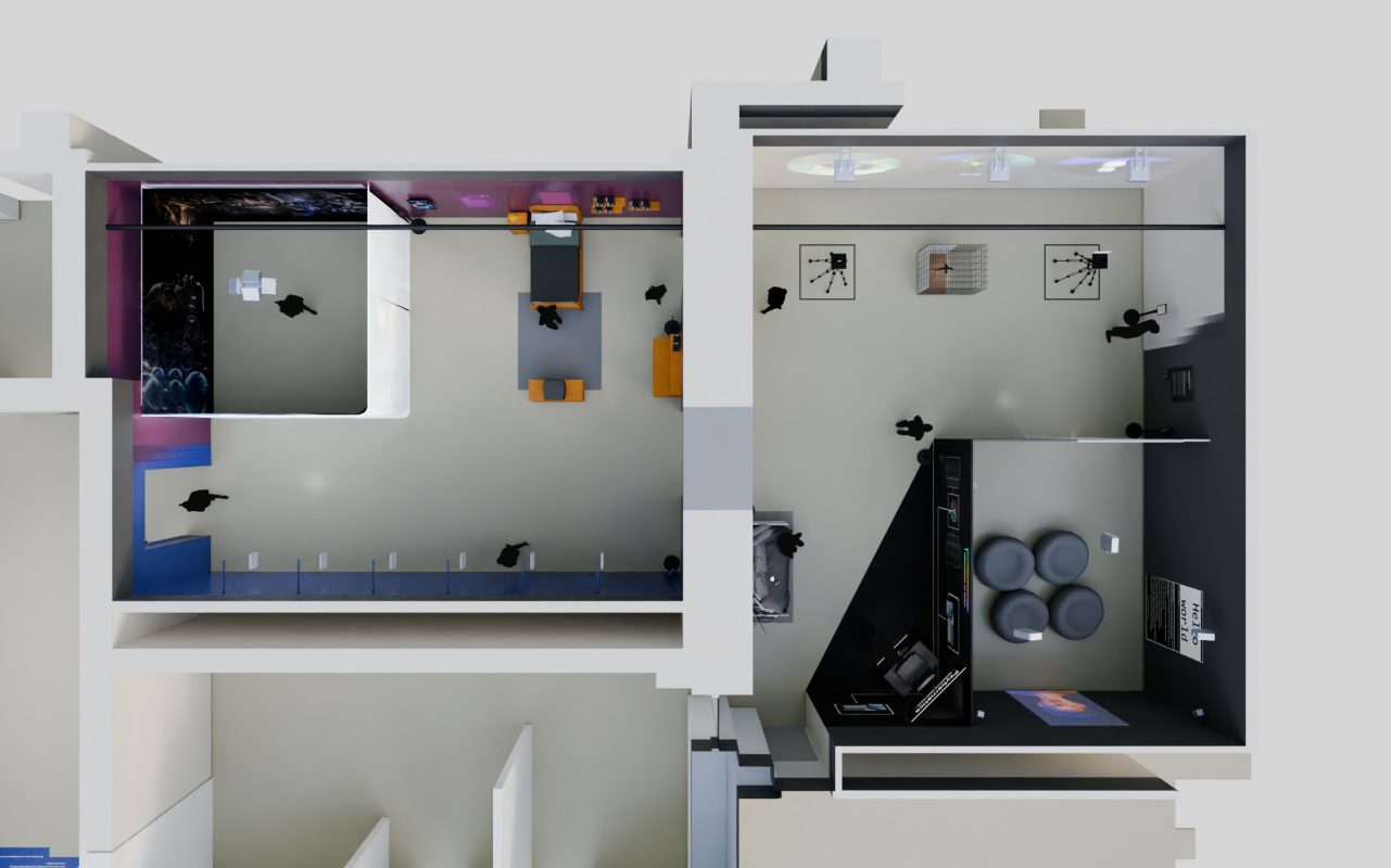 A 3D mockup of a floorplan for an exhibition showing four separate spaces from an aerial perspective.
