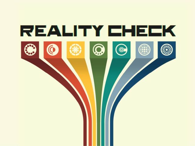 Graphic with the title "Reality Check" in bold black lettering above seven colored vertical panels—burgundy, red, gold, green, teal, light blue, and dark blue. Each panel features a white circular icon with an abstract symbol. The panels curve downward and converge into ribbon-like bands, creating the appearance of multiple paths flowing together against a light cream background. The design is clean, geometric, and abstract, suggesting connection, convergence, or multiple perspectives.