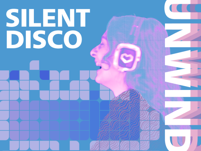 Graphic promoting a silent disco, featuring a person in profile wearing glowing headphones against a blue background, with “Silent Disco” in large white text and colorful geometric patterns.