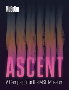 Cover for ASCENT featuring the title "Ascent" in pink all capital letters appearing to rise up the page with a grainy gradient against a dark background.