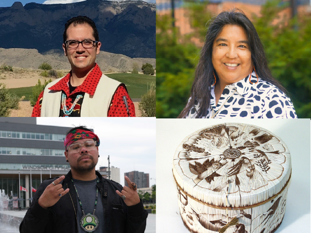 A collage of four photos. Top left, Dr. IndigiNerd wearing a tradtional red shirt with polka-dot pattern, beige vest, beaded turquoise necklace, and rectangular square glasses. He has short hair and stands outdoors in front of rolling hills and a backdrop of mountains. Top right, a photo of Esther Belin wearing a white shirt with black circular patterns, a large necklace, and hoop earrings. Her black hair is worn down past her shoulders and she poses, smiling, our outdoors. Bottom left, ishKode poses for a photo wearing a red floral bandana, black jacket, and beaded mario mushroom necklace. He flashes a "rock and roll" symbol with his hands, posing in an urban setting. Bottom right, a photo of a quillwork basket in nature beige and dark brown.